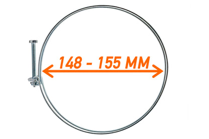 Metal double-wire hose clamp with screw adjustment, clamping range 148–155mm.
