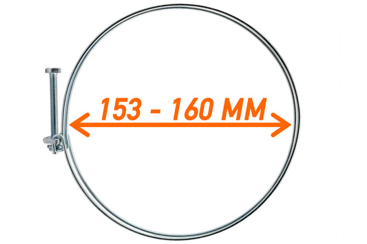 Metal double-wire hose clamp with screw adjustment, clamping range 153–160mm.