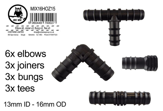 Irrigation Fittings Set for 16mm Pipe – 15 Barbed Connectors
