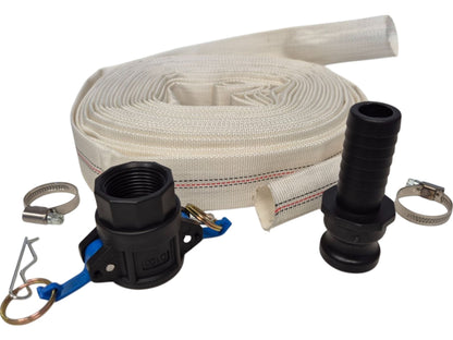 White Lined Layflat Hose Kit – Camlock Type D + E; selected size/length supplied.