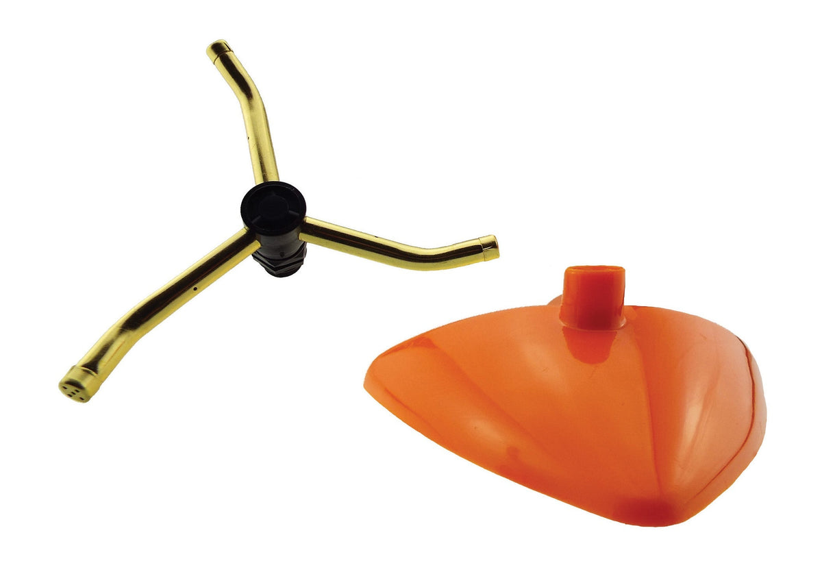 3-Arm Rotating Sprinkler – Brass Arms & Orange Leaf Base