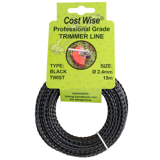 Black twisted strimmer line in a 15m coil, labelled 2.4mm.