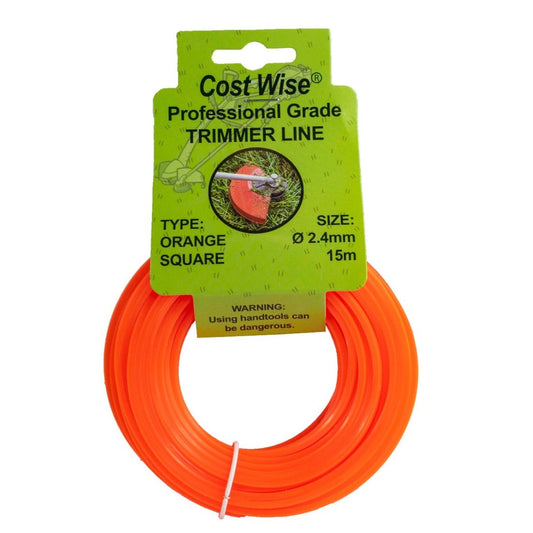 Orange square-profile strimmer line in a coil, with 2.4mm x 15m packaging.