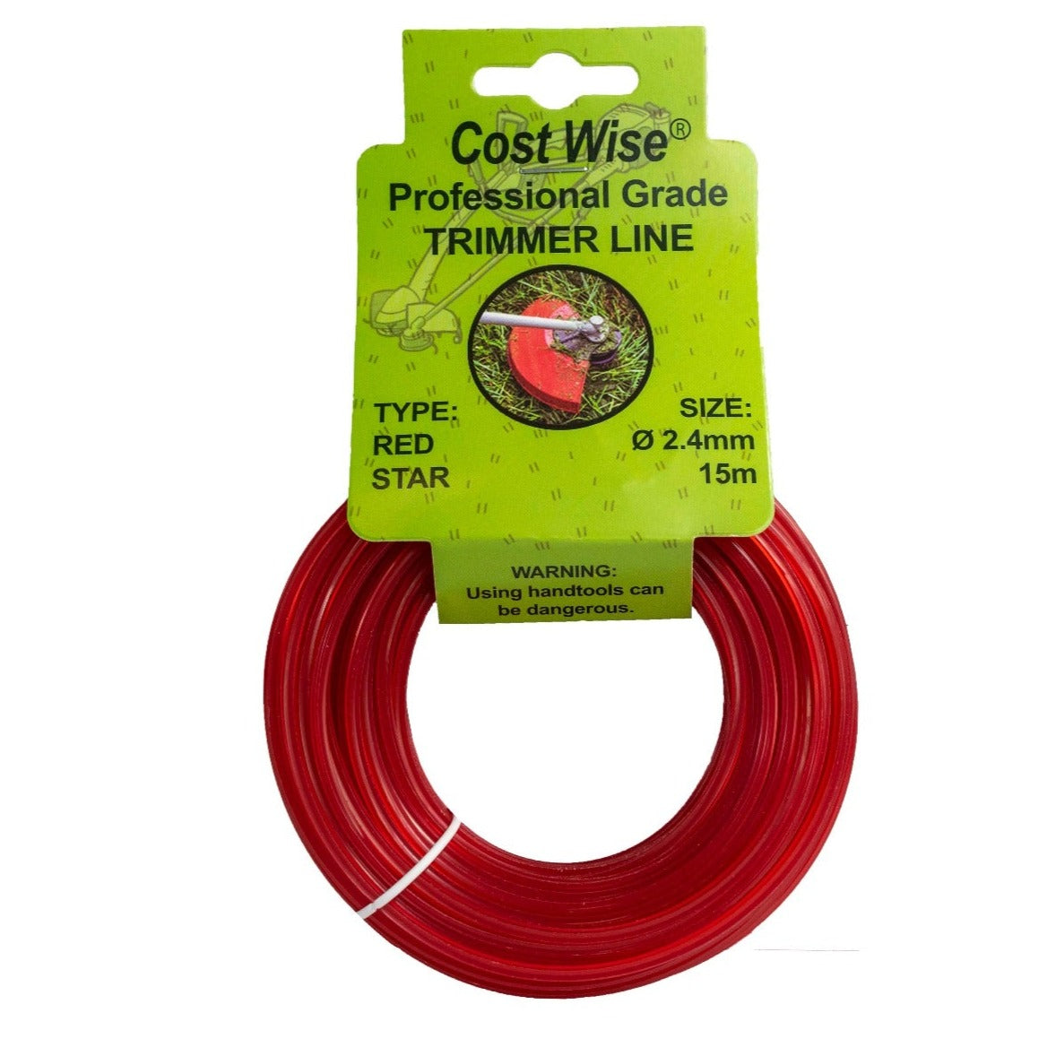 Red star-profile strimmer line in a coil, with 2.4mm x 15m packaging.