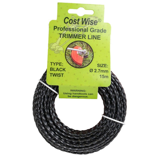 Black twisted strimmer line in a 15m coil, labelled 2.7mm.