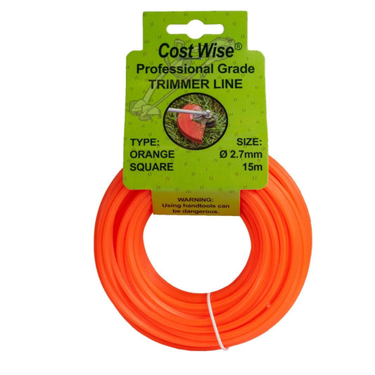 Orange square-profile strimmer line in a coil, with 2.7mm x 15m packaging.