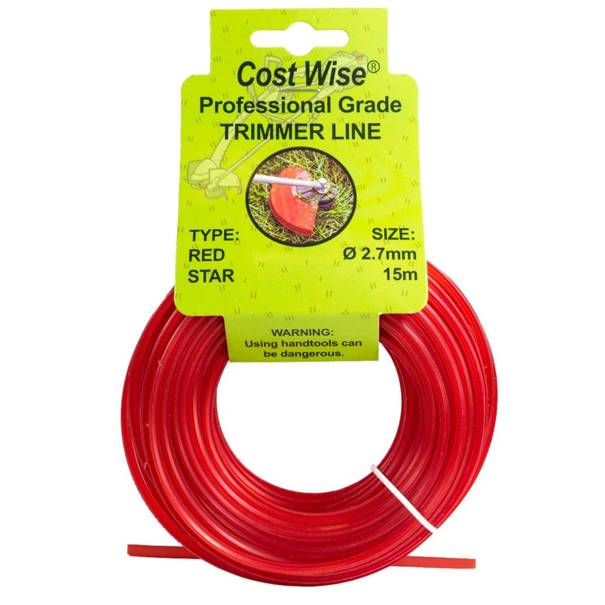 Red star-profile strimmer line in a coil, with 2.7mm x 15m packaging.