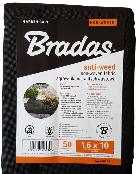 Bradas Weed Control Fabric – 1.6m × 10m, 50gsm Black