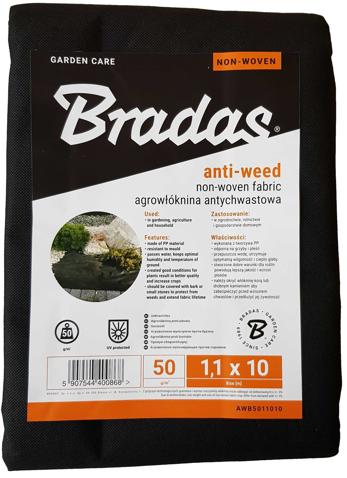 Bradas Weed Control Fabric – 1.1m × 10m, 50gsm Black