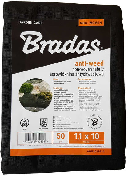 Bradas Weed Control Fabric – 1.1m × 10m, 50gsm Black