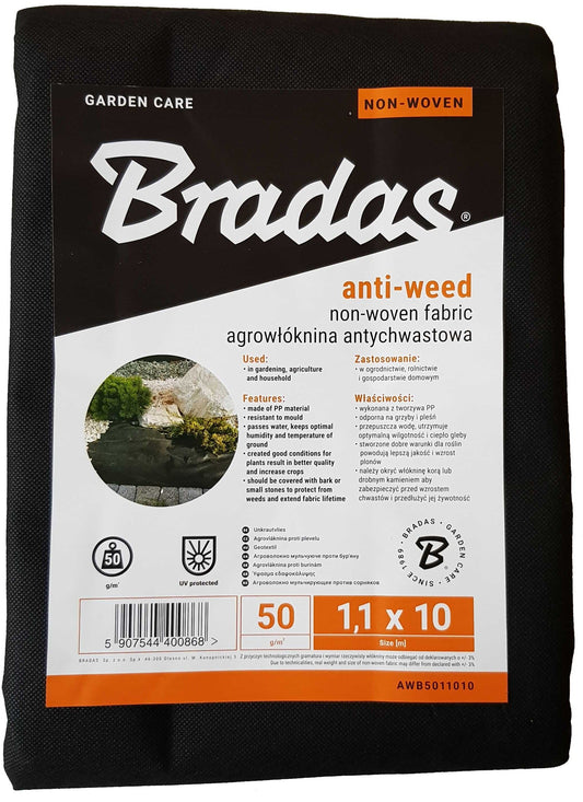 Bradas Weed Control Fabric – 1.1m × 10m, 50gsm Black