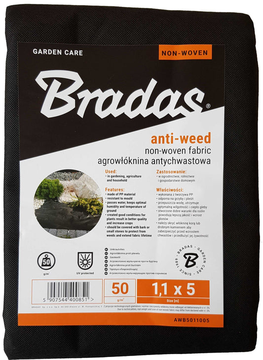 Bradas Weed Control Fabric – 1.1m × 5m, 50gsm Black