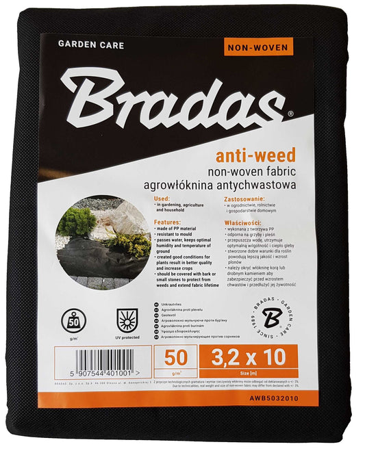 Bradas Weed Control Fabric – 3.2m × 10m, 50gsm Black