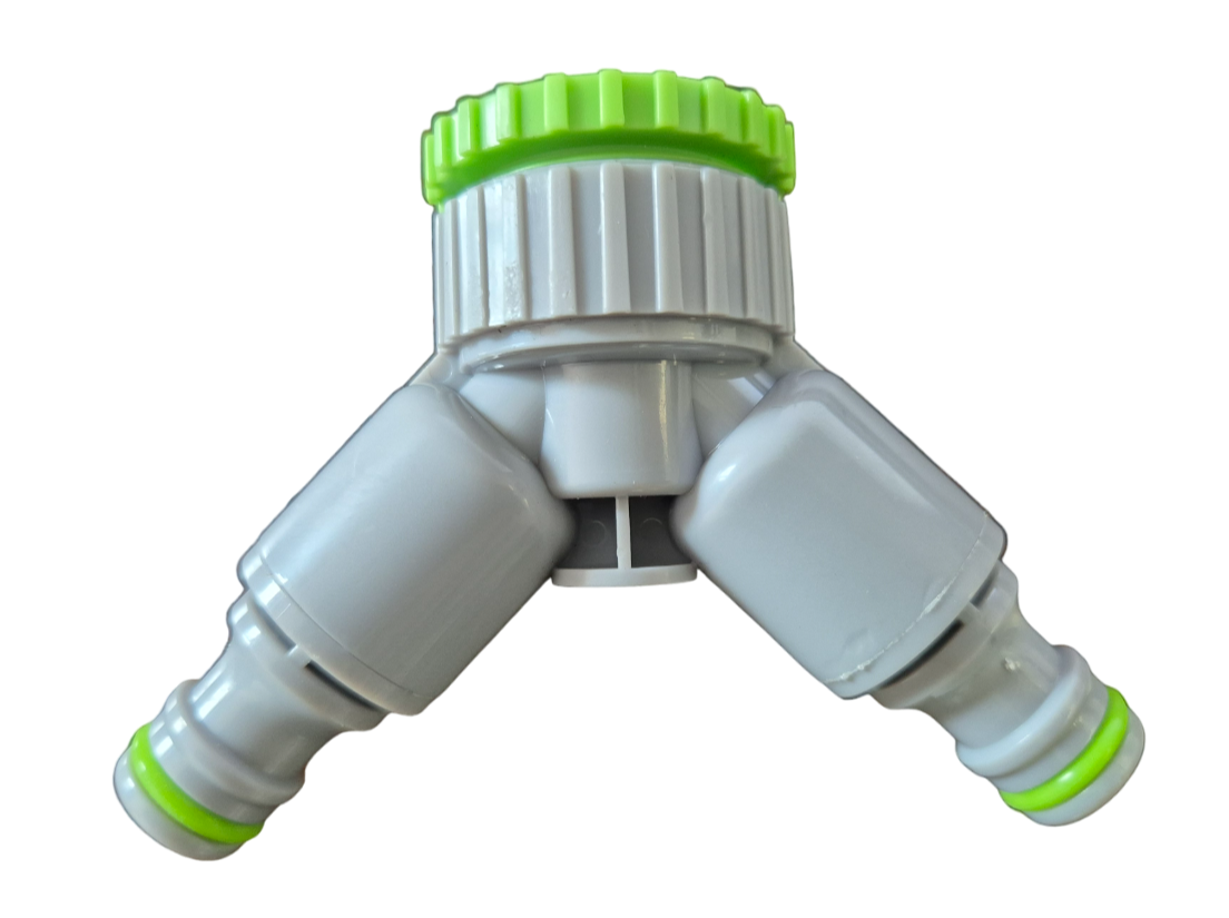 2-Way Tap Connector With Valves 1" and 3/4" BSP Female, Green/Gray