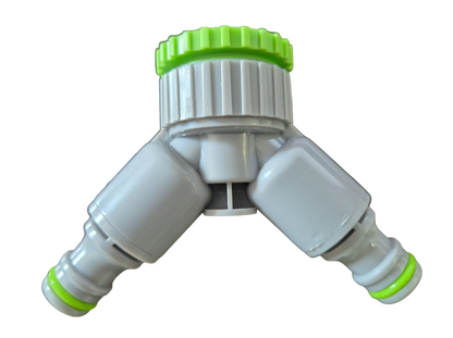 2-Way Tap Connector With Valves 1" and 3/4" BSP Female, Green/Gray