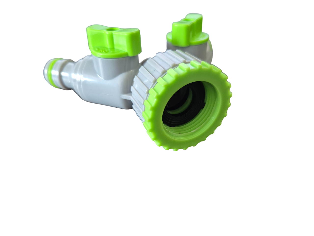 2-Way Tap Connector With Valves 1" and 3/4" BSP Female, Green/Gray