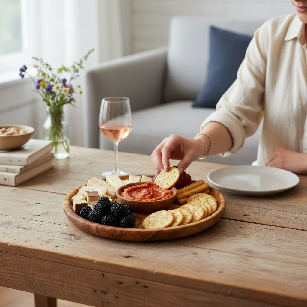 Handcrafted Olive Wood Round Plates - Individual Trays or 3pc Nesting Set