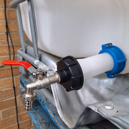 White S60X6 swivel extension with blue nut, black IBC cap and 13mm barbed lever tap.