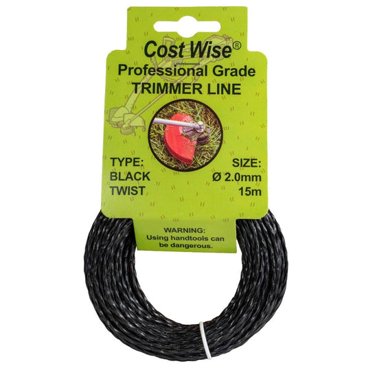 Black twisted strimmer line in a 15m coil, labelled 2mm.