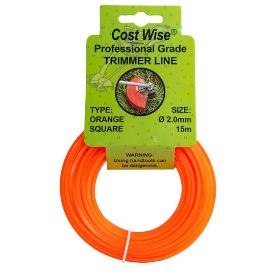 Orange square-profile strimmer line in a coil, with 2mm x 15m packaging.