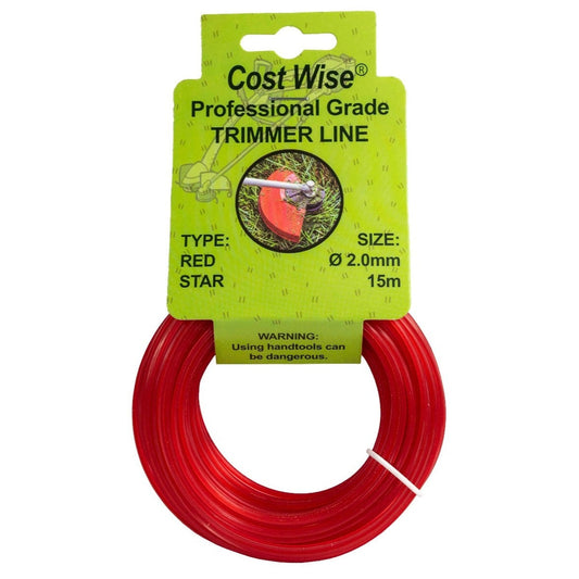Red star-profile strimmer line in a coil, with 2mm x 15m packaging.