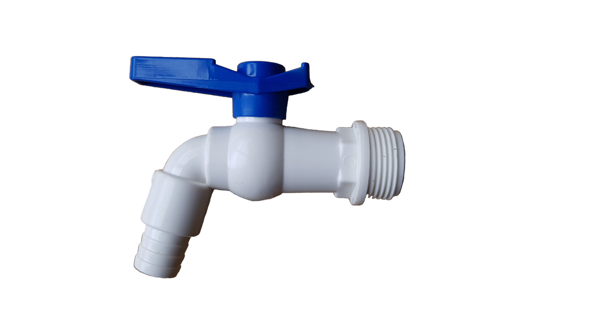 ¾″ BSP Male Plastic Tap with ½″ Hose Barb – White & Blue