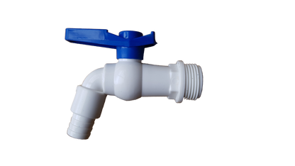 ¾″ BSP Male Plastic Tap with ½″ Hose Barb – White & Blue