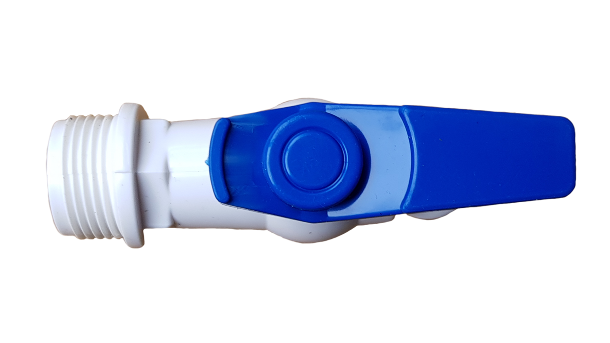 ¾″ BSP Male Plastic Tap with ½″ Hose Barb – White & Blue
