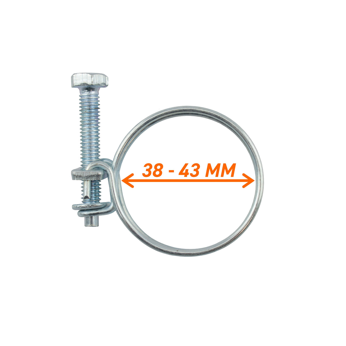 Metal double-wire hose clamp with screw adjustment, clamping range 38–43mm.