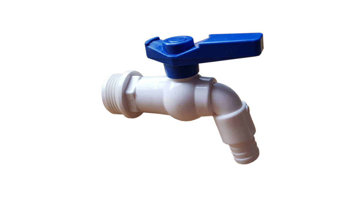¾″ BSP Male Plastic Tap with ½″ Hose Barb – White & Blue