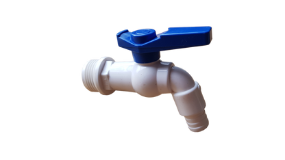 ¾″ BSP Male Plastic Tap with ½″ Hose Barb – White & Blue