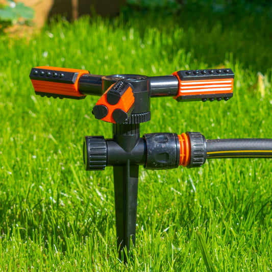 Rotary Lawn Sprinkler on Spike with Adjustable Arms (Black/Orange)