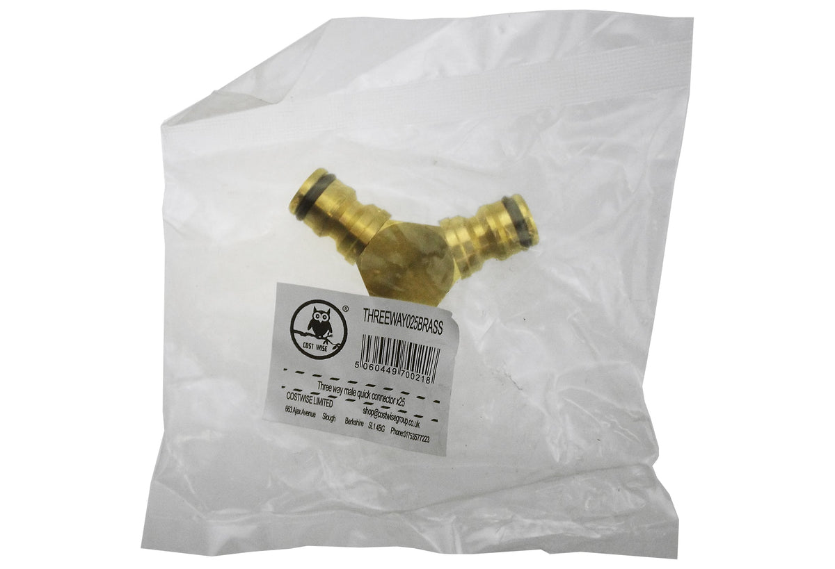 Brass Three-Way Male Snap-On Hose Connector