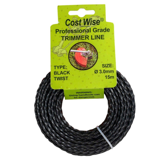 Black twisted strimmer line in a 15m coil, labelled 3mm.