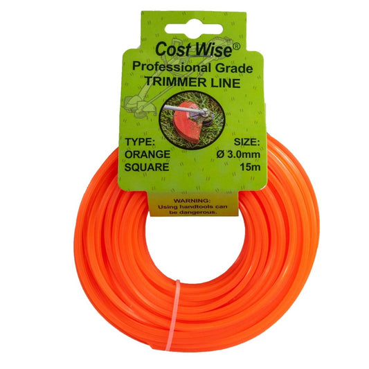 Orange square-profile strimmer line in a coil, with 3mm x 15m packaging.