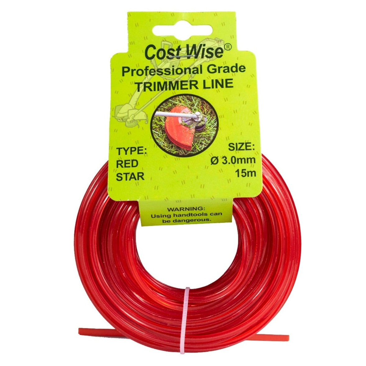Red star-profile strimmer line in a coil, with 3mm x 15m packaging.