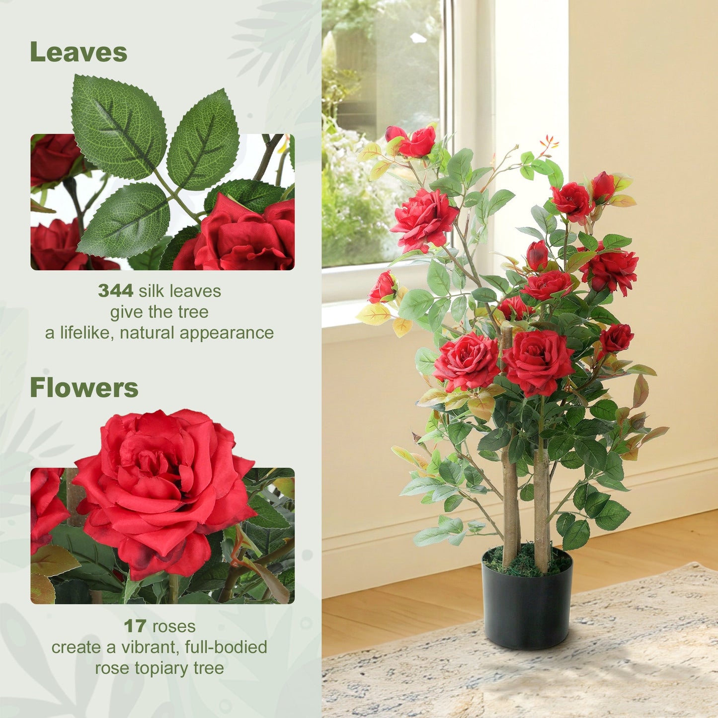 Artificial Rose Tree Set of 2, Red 90cm