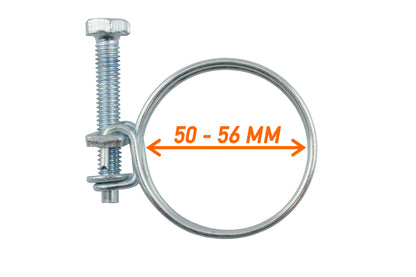 Metal double-wire hose clamp with screw adjustment, clamping range 50–56mm.
