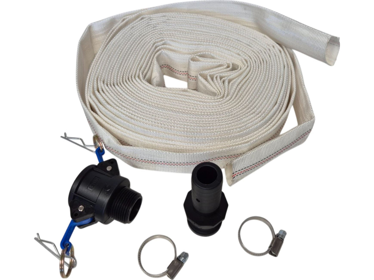 White Lined Layflat Hose Kit – Camlock Type B + E; selected size/length supplied.