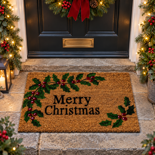 Merry Christmas Holly & Berry Coir Doormat – 60 × 40cm