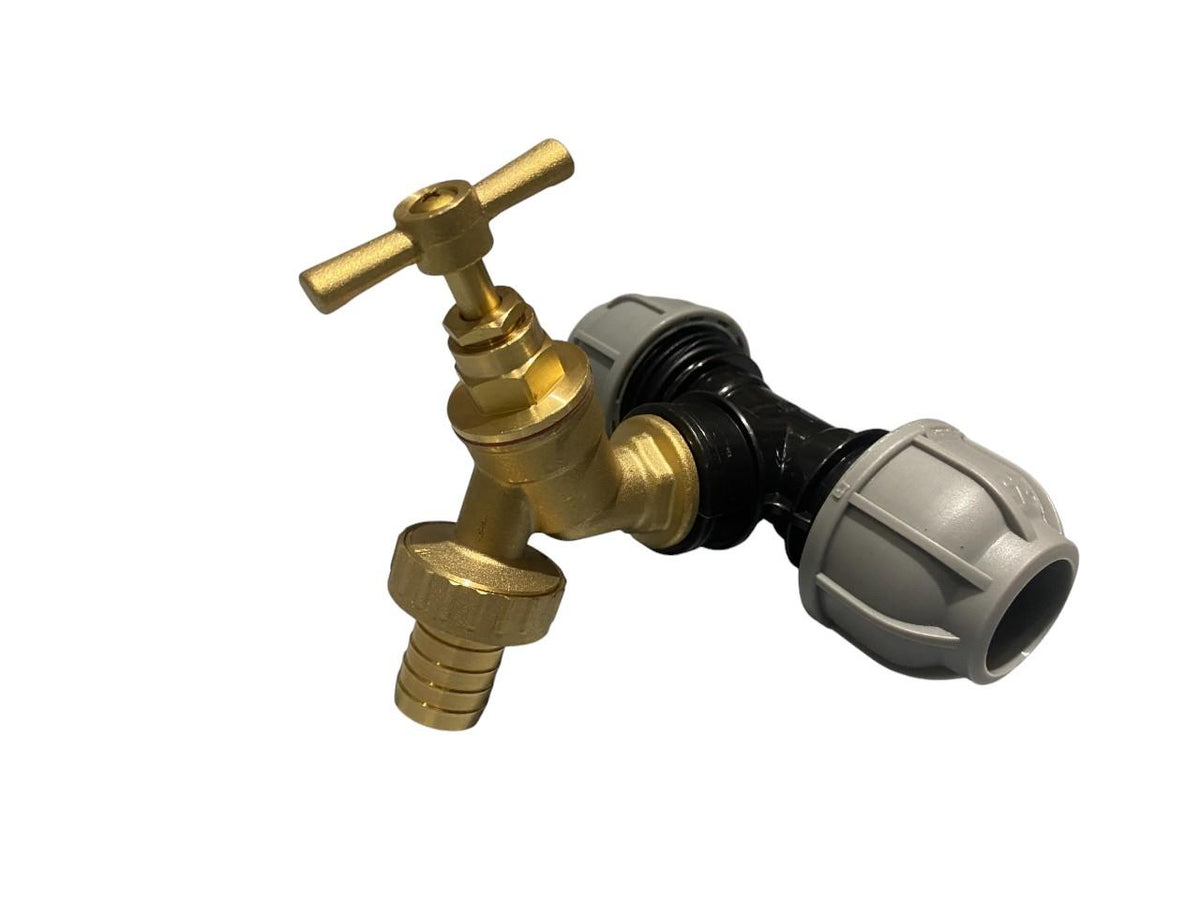 32mm MDPE Tee & Brass Bib Tap – ¾″ Hose Barb