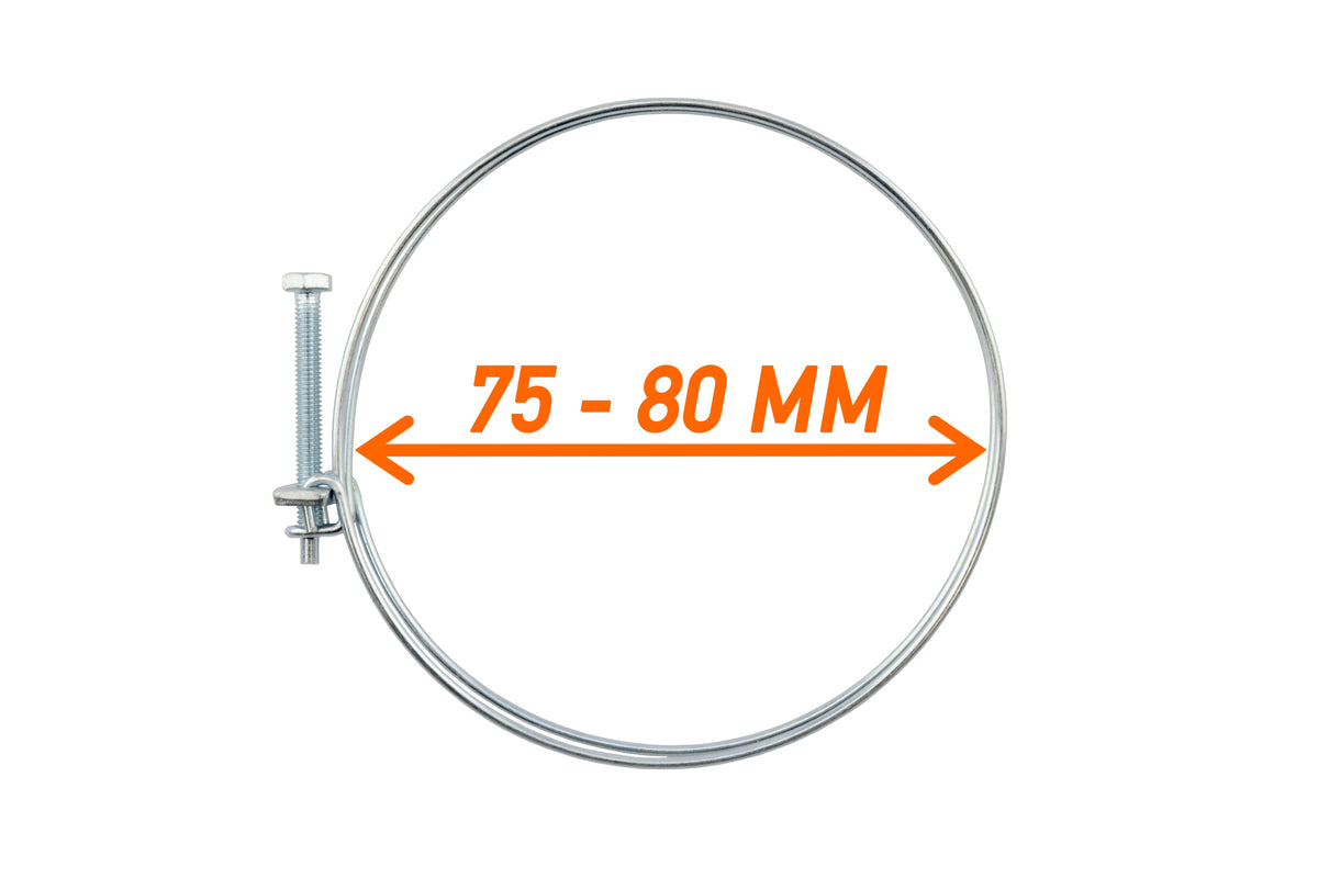 Metal double-wire hose clamp with screw adjustment, clamping range 75–80mm.
