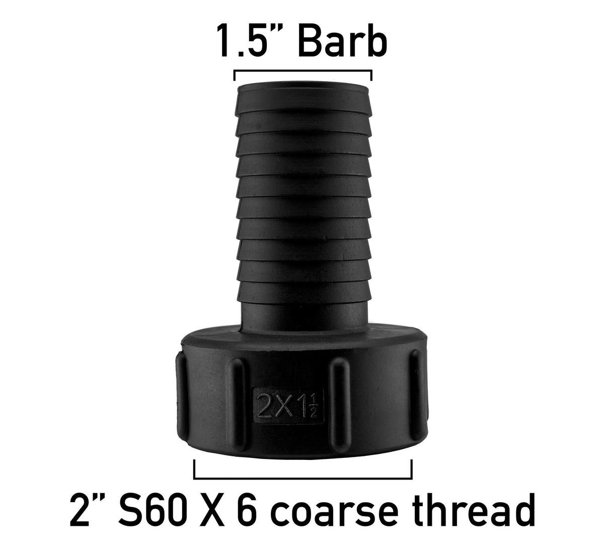 Black S60X6 IBC hose-tail adapter with a 1½″ hose barb.