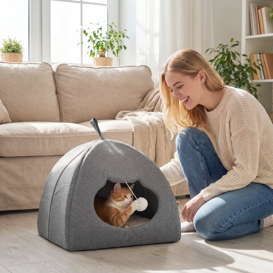 PawHut Cat Cave Bed, 42 x 42 x 39 cm, Grey
