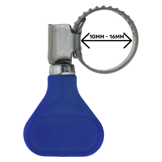 Single 10–16mm A2 stainless steel hose clip with butterfly key grip; colour may vary.