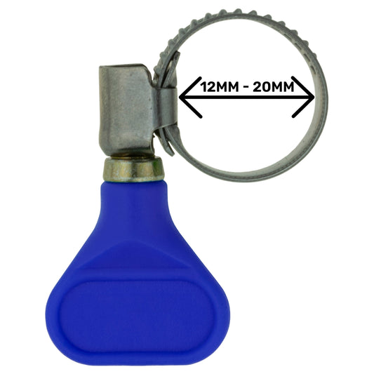 Single 12–20mm A2 stainless steel hose clip with butterfly key grip; colour may vary.