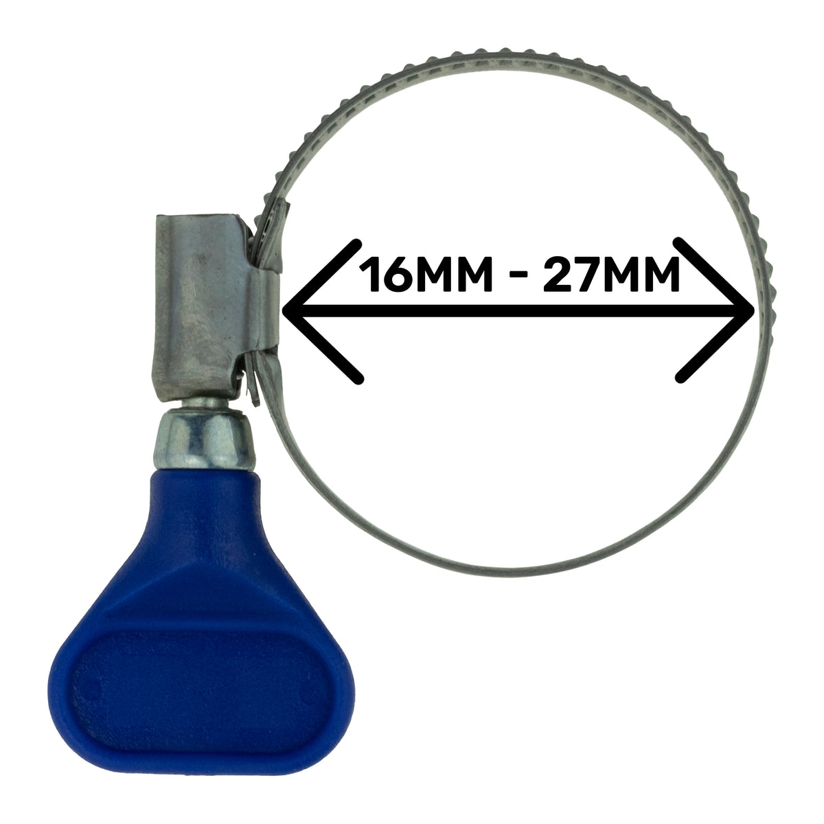Single 16–27mm A2 stainless steel hose clip with butterfly key grip; colour may vary.