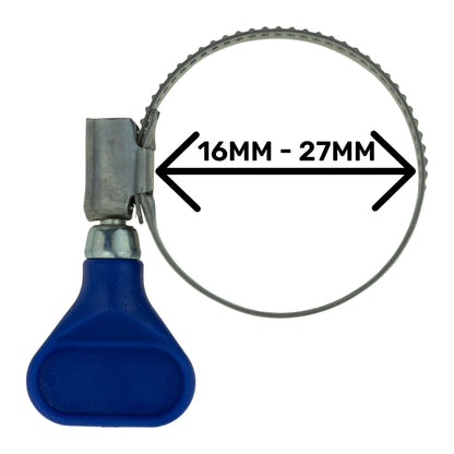 Single 16–27mm A2 stainless steel hose clip with butterfly key grip; colour may vary.