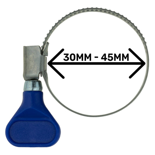 Single 30–45mm A2 stainless steel hose clip with butterfly key grip; colour may vary.