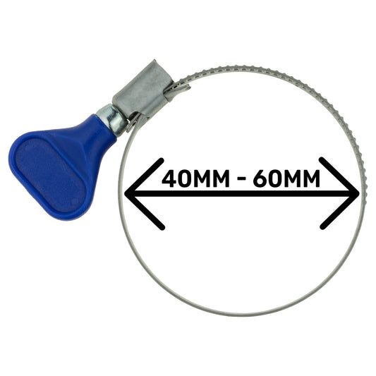 Single 40–60mm A2 stainless steel hose clip with butterfly key grip; colour may vary.